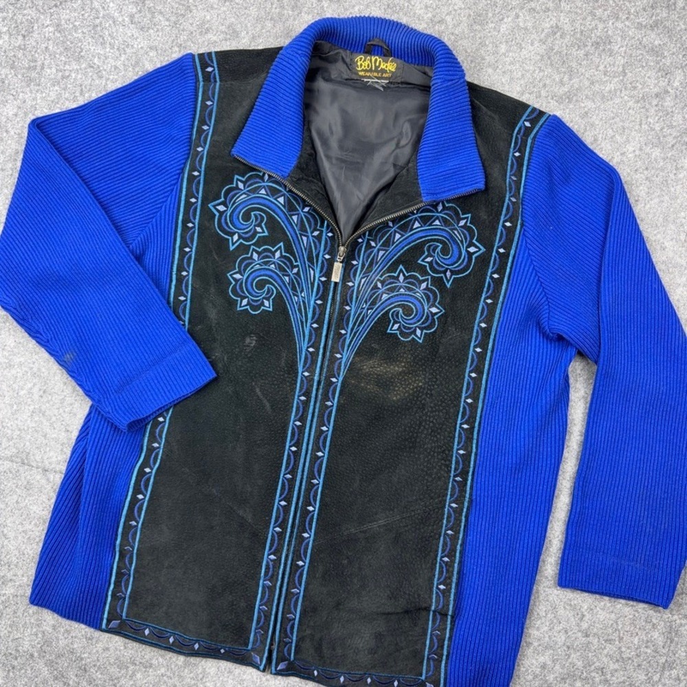 VTG Bob Mackie Jacket Women XL Blue Black Leather Suede Knit Wearable Art 90s